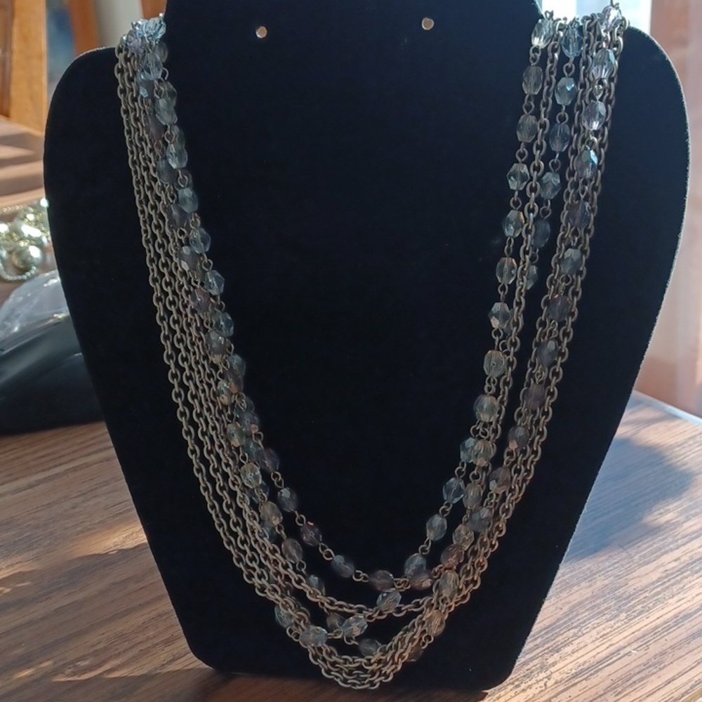 LOFT Multi Strand Beaded & Chain Necklace Silver Tone & blue clear beads 26"